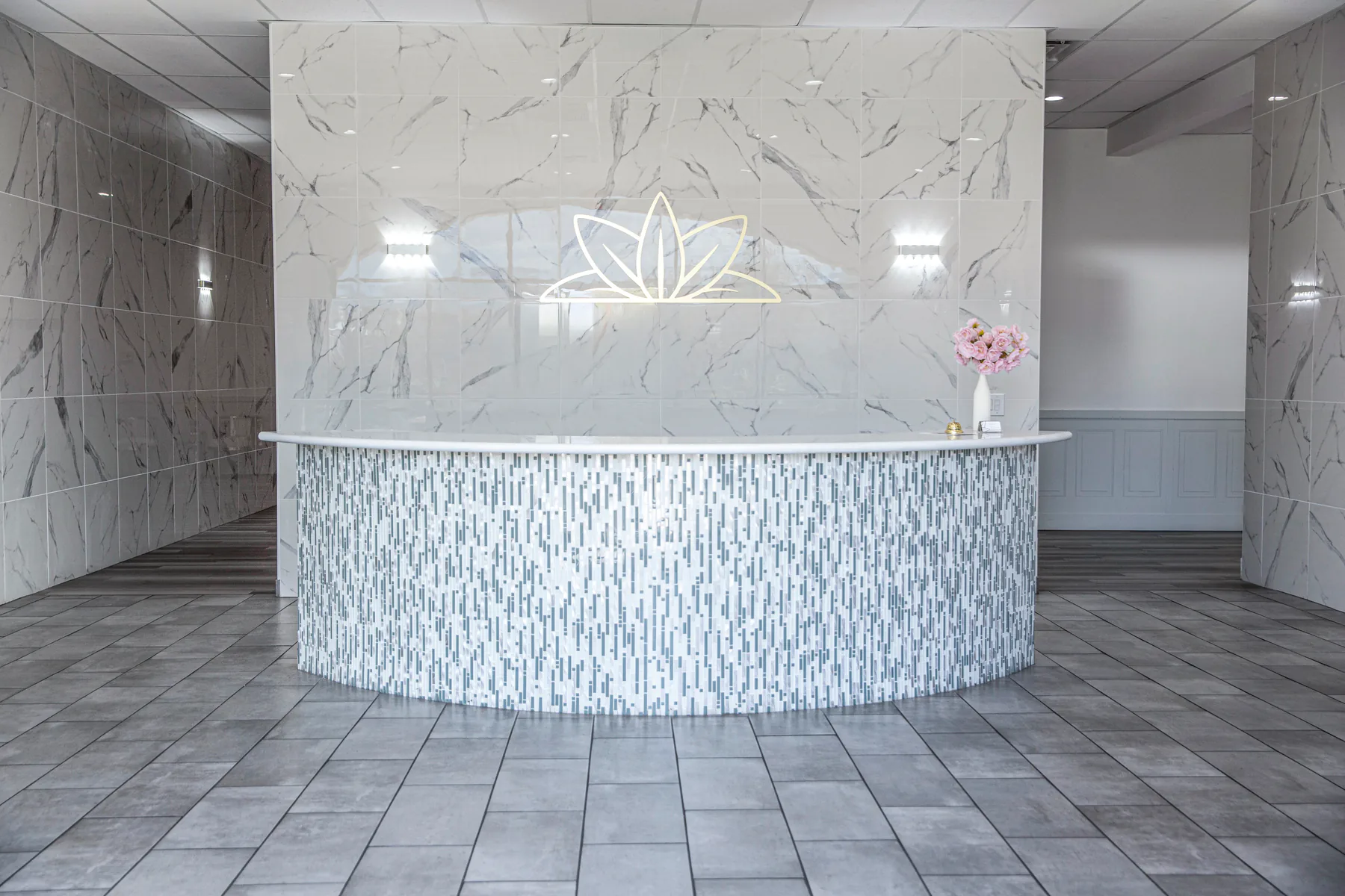 Marble reception desk at La Eternidad Funeral Home
